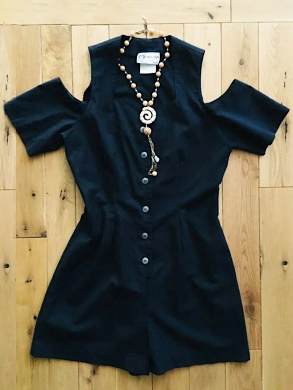Vintage 90s 'I saw The Sign' M Collection Black Cold Shoulder Button Up Romper